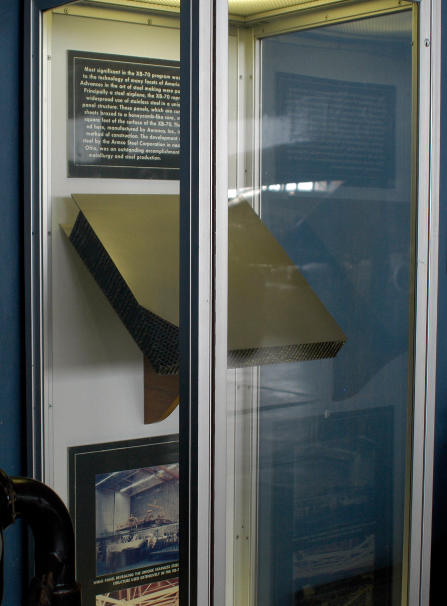 DAYTON, Ohio - A sample of the honeycomb-like stainless steel panel structure from the XB-70 on display in the Research & Development Gallery at the National Museum of the U.S. Air Force. (U.S. Air Force photo)