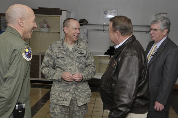 From left, Arnold Engineering Development Center Commander Col. Art Huber joins Air Force Materiel Command Commander Gen. Donald Hoffman as he meets Walt Wood, CEO, Bedford County Chamber of Commerce, past president of the Arnold Community Council and member of the Chief of Staff of the Air Force’s Community Advisory Council, during the general’s recent visit to AEDC. (Photo by Rick Goodfriend)