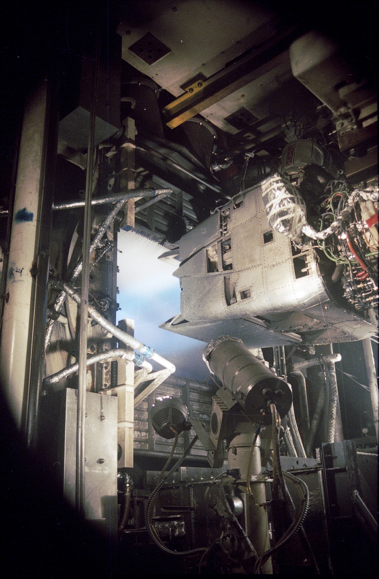 Pratt & Whitney YF119 prototype engine for the F-22 Raptor with a demonstrator nozzle running in a test cell in Arnold Engineering Development Center’s Aeropropulsion Systems Test Facility in 1989. (File photo)