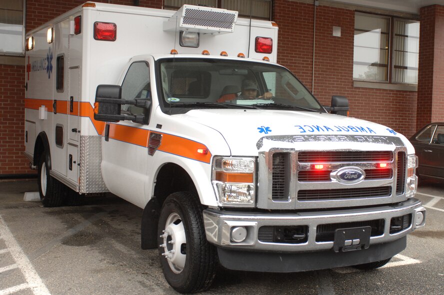 Technical Sgt. Paul Patterson, 4th Medical Group, returns the ambulance to the clinic after responding to an emergency on the flightline at Seymour Johnson Air Force Base, N.C., April 2, 2009. The ambulance service only operates to the flighline after the medical group formed a contract with Wayne County Emergency Medical Service in 2008, making them the official emergency medical responders for the base. (U.S. Air Force photo by Airman 1st Class Whitney S. Lambert) 
