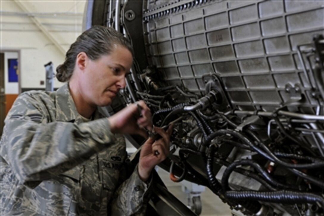 U.S. Air Force Senior Airman Deanna Neuharth, 28th Maintenance Squadron aerial space propulsion lead technician, performs a final inspection on a B-1B Lancer aircraft General Electric F101 turbofan engine at Ellsworth Air Force Base, S.D., on March 17, 2009.  Neuharth made last-minute adjustments before a quality assurance team performed an inspection ensuring engine safety.  