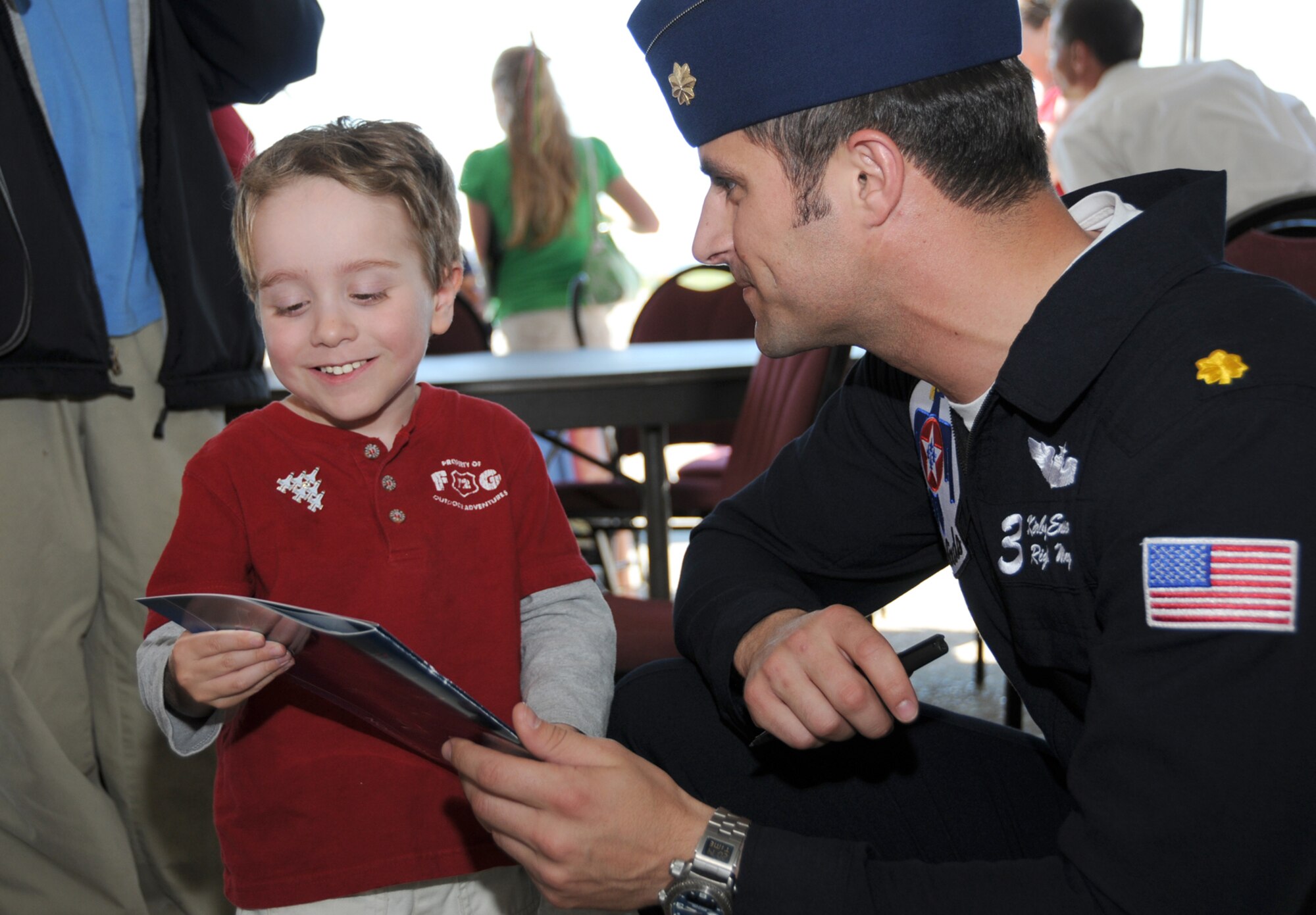 Members of the Air Force Thunderbirds demonstration team visit with Make a Wish Foundation visitors who watched the practice sessions March 3 in advance of the Thunder on the Bay Air Show March 4-5.  The Thunderbirds are making their first air show appearance at Keesler since 1995.  It’s Keesler’s first air show in five years.
(U.S. Air Force photo by Kemberly Groue)
