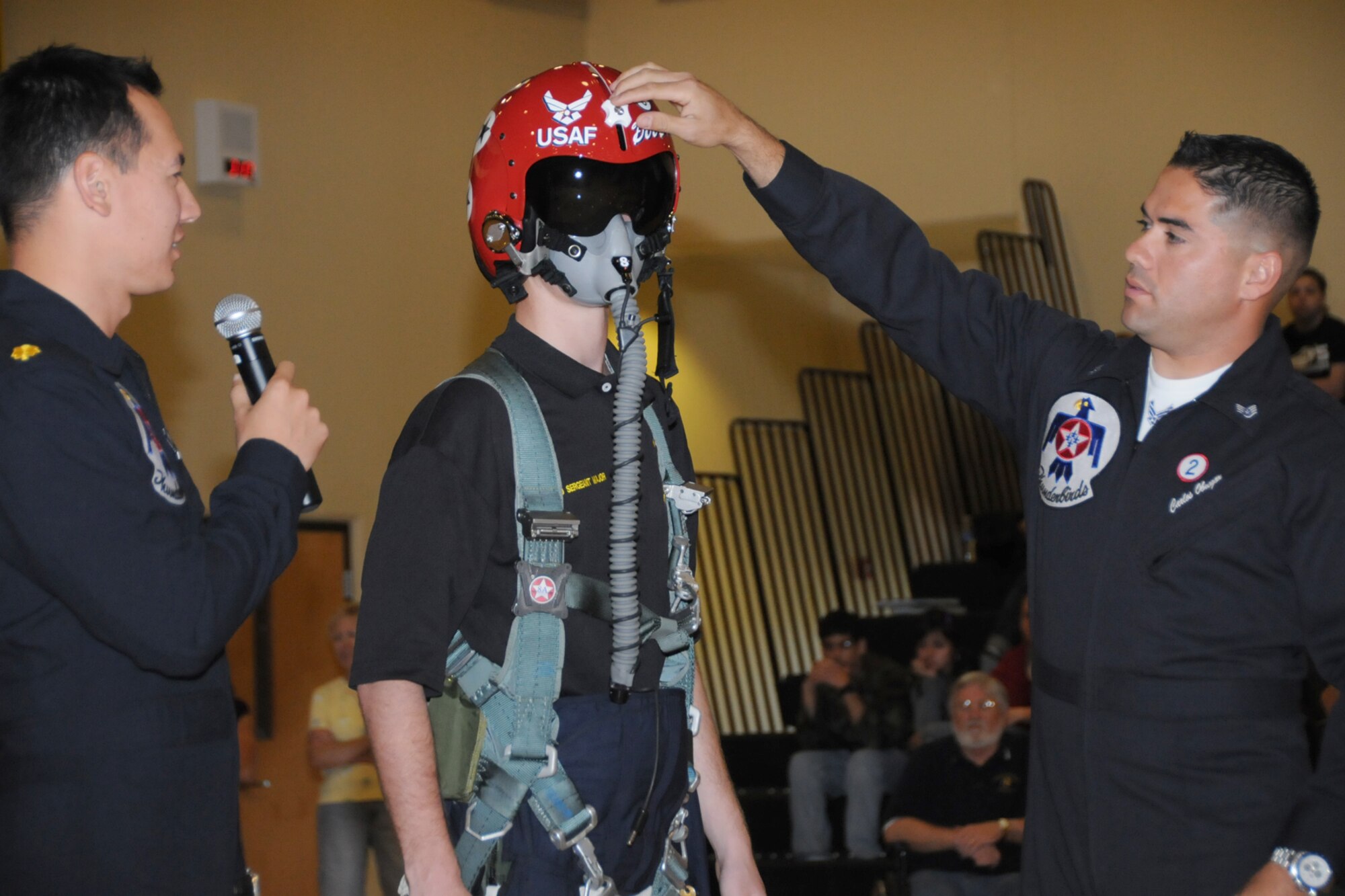 Members of the Air Force Thunderbirds and Air Force Academy cadets visited D’Iberville High School April 3 to promote Keesler’s Thunder on the Bay Air Show, March 4-5.  Another Thunderbirds team visited students at Biloxi High School.  The Thunderbirds are making their first air show appearance at Keesler since 1995.  It’s Keesler’s first air show in five years.  (U.S. Air Force photo by Kemberly Groue)