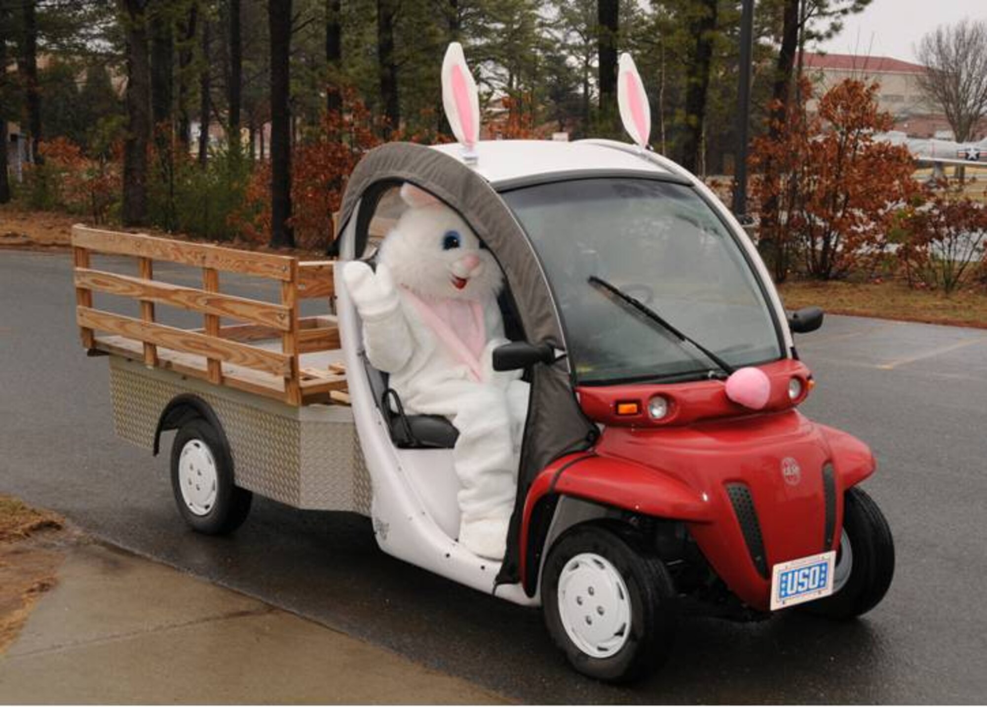 The Easter Bunny in the egg mobile.       