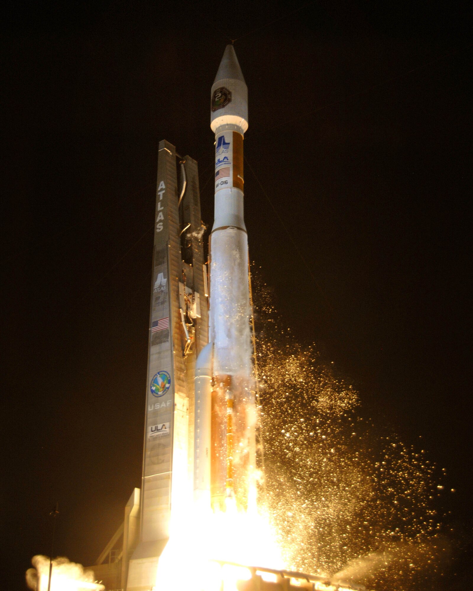 A United Launch Alliance Atlas V rocket carrying the U.S. Air Force’s second Wideband Global SATCOM (WGS) satellite lifts off from Space Launch Complex-41 at Cape Canaveral Air Force Station, Fla., at 8:31 p.m. EDT April 3.  After a 31-minute flight, WGS-2 was placed successfully in orbit where it will provide enhanced communication abilities to our troops in the field.  (United Launch Alliance photo by Pat Corkery)