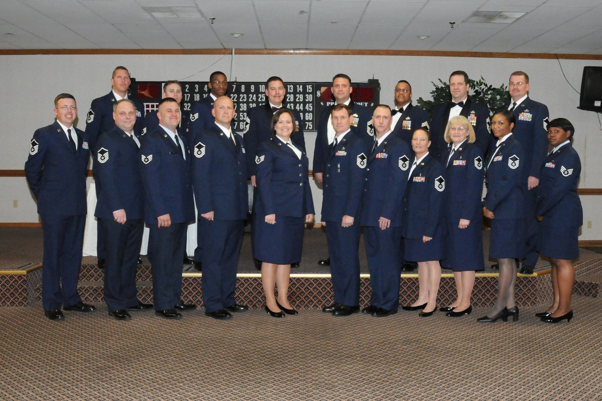 SEYMOUR JOHNSON AIR FORCE BASE, N.C. -- The newest noncommissioned officers, senior noncommissioned officers and chief master sergeants from the 916th Air Refueling Wing pose for a group shot before the NCO Recognition Ceremony dinner April 4 at Seymour Johnson AFB, N.C.  Forty-eight reservists were honored for their promotions into and within the NCO ranks during this annual event.  (U.S. Air Force photo by TSgt. Gillian M. Albro, 916th ARW/Public Affairs)