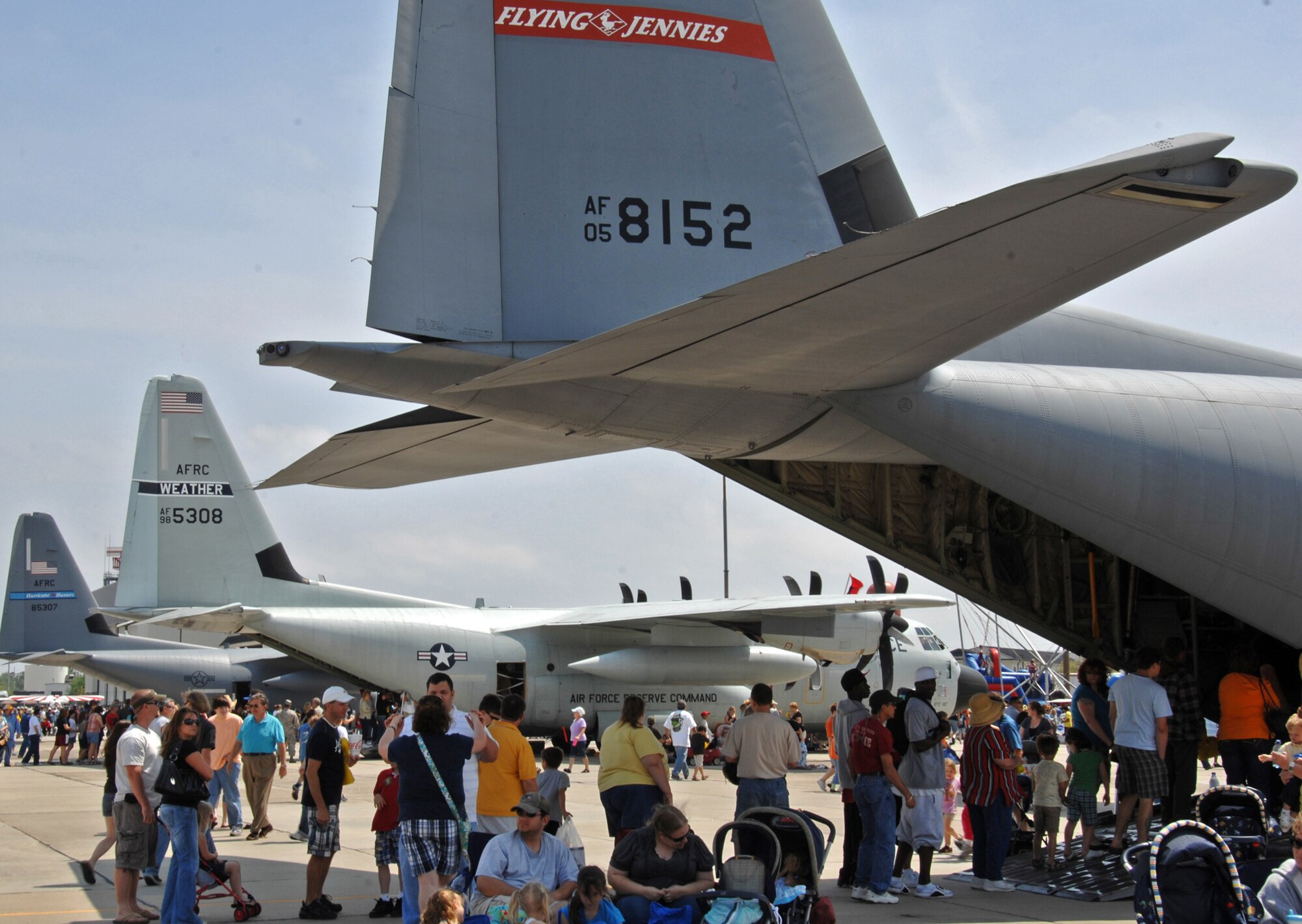 Three C-130Js - two weather birds and one tactical airlift plane - represented the 403rd Wing and the Air Force Reserve at the 2009 Keesler Air Force Base "Thunder on the Bay" Air Show and Open House April 4 and 5. Spectators lined up to hear crewmembers and maintainers from the 815th Airlift Squadron and the 53rd Weather Reconnaissance Squadron describe the "ins" and "outs" of the missions of these different aircraft. The weather planes are both WC-130Js, and the tactical aircraft is a stretch model, a C-130J-30, which is 30 feet longer than a standard C-130J.