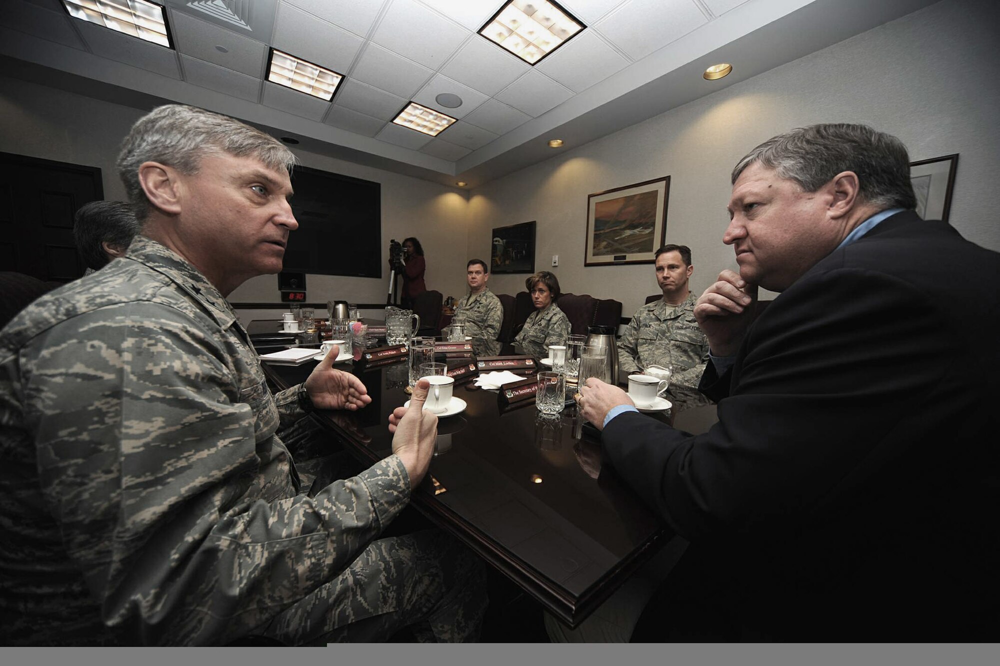 Maj. Gen. Kip Self, U.S. Air Force Expeditionary Center commander, talks with Secretary of the Air Force Michael Donley March 31 during a visit to the center on Fort Dix, N.J.  Secretary Donley was visiting the Expeditionary Center to see its facilities and training venues.  Besides Fort Dix, Secretary Donley visited neighboring McGuire Air Force Base and Naval Air Engineering Station Lakehurst to learn more about the Joint-Basing Initiative. (U.S. Air Force photo/Staff Sgt. Nathan G. Bevier)