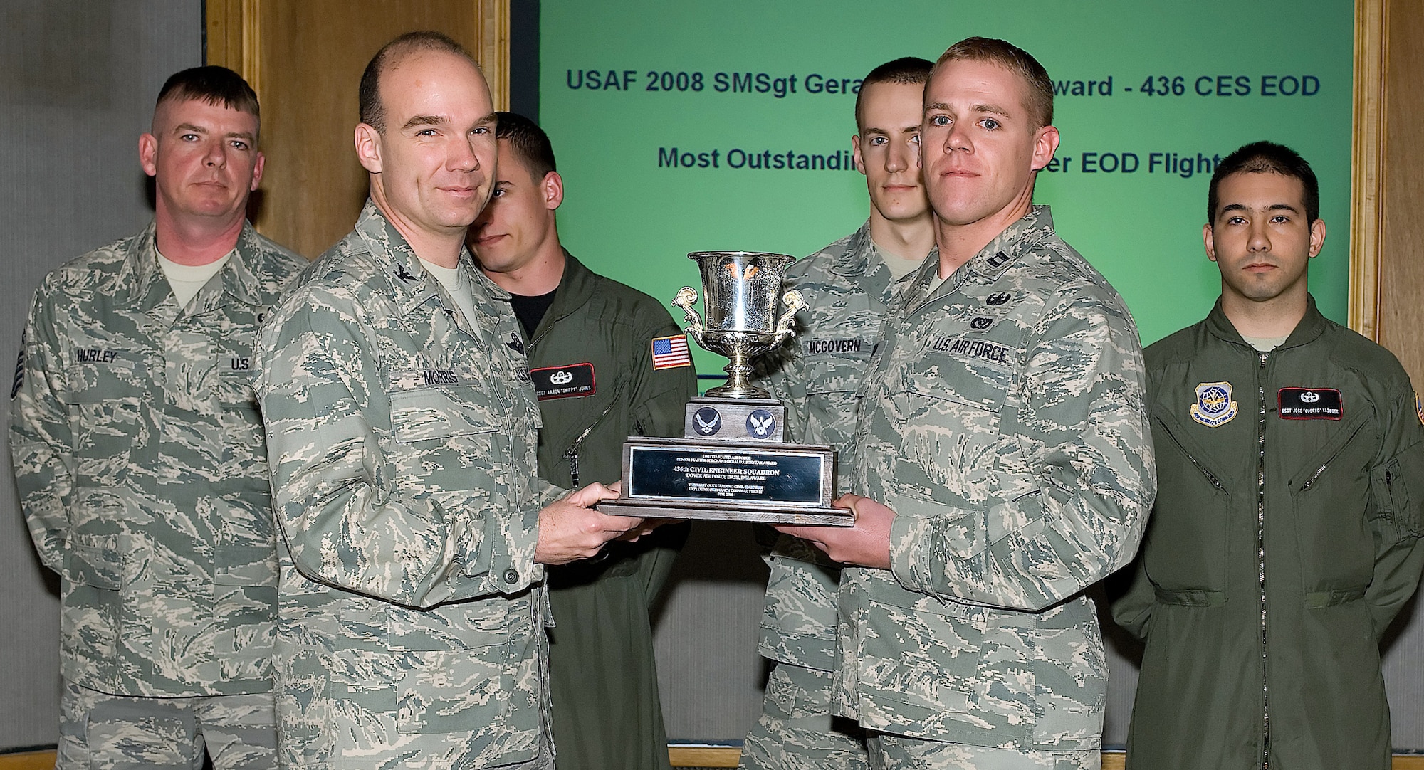 (Front left to right) Col. Manson Morris, 436th Airlift Wing commander, presents Capt. Patrick Wren, 436th Civil Engineer Squadron Explosive Ordnance Disposal flight commander, with the 2008 Senior Master Sgt. Gerald J. Stryzak Award, "Best EOD Flight in the Air Force," April 1 during Wing Stand-up. The EOD Flight recently won the award. In Delaware alone, Captain Wren's team recovered more than 1,200 ordnance items and was lauded by the Delaware State Police for their contribution. (U.S. Air Force photo/ Jason Minto)