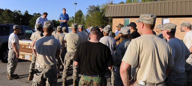 MOODY AIR FORCE BASE, Ga. -- John Fretti, the mayor of Valdosta, Ga., expresses his appreciation to the members of the 23rd Civil Engineer Squadron at the Valdosta Wastewater Treatment Plant April 3.  He thanked them for their hard work and dedication to the plant and the Valdosta community. (U.S. Air Force photo by Airman Joshua Green)


