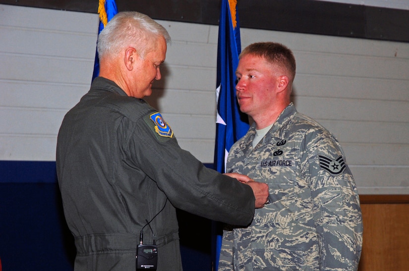 Staff Sgt. Phillip Myers, from the 48th Civil Engineer Squadron at Royal Air Force Lakenheath, England, shown above receiving the Bronze Star Medal from Lt. Gen. Robert D. Bishop, 3rd Air Force commander, on March 19, 2008, died April 4, 2009, near Helmand province, Afghanistan, of wounds suffered from an improvised explosive device. (U.S. Air Force photo/Airman Perry Aston)