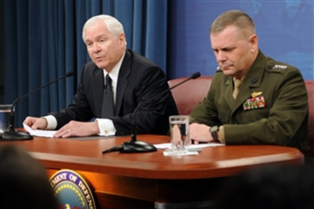 Secretary of Defense Robert M. Gates speaks about the fiscal year 2010 budget with members of the press during a joint press availability with Vice Chairman of the Joint Chiefs of Staff Gen. James Cartwright, U.S. Marine Corps, in the Pentagon on April 6, 2009.  