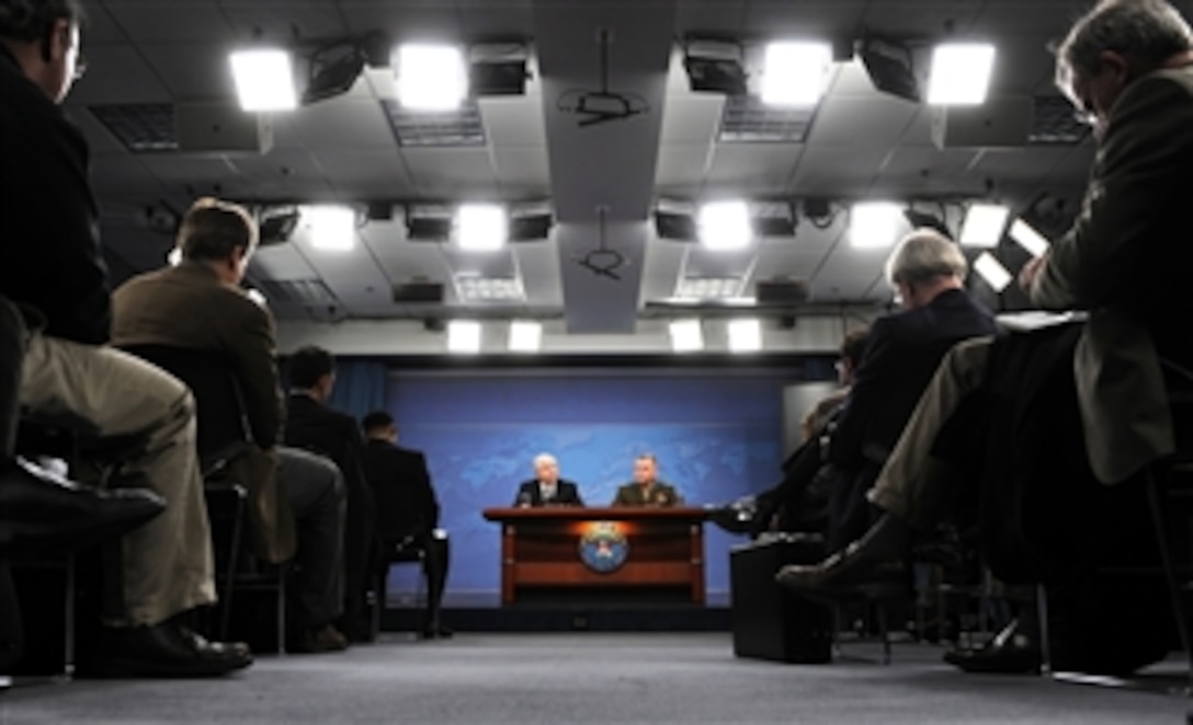 Secretary of Defense Robert M. Gates and Vice Chairman of the Joint Chiefs of Staff Gen. James Cartwright, U.S. Marine Corps, speak to members of the press about the fiscal year 2010 budget during a joint press availability in the Pentagon on April 6, 2009.  