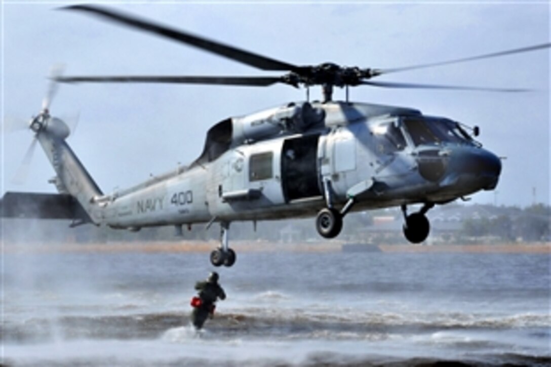 A search and rescue swimmer jumps from an SH-60F Sea Hawk helicopter in Pensacola, Fla,. March 30, 2009. The swimmer is assigned to Training Air Wing 5 on Naval Air Station Whiting Field in Milton, Fla.