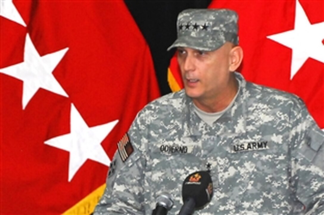 U.S. Army Gen. Raymond T. Odierno, commanding general of  Multinational Force Iraq, comments on the achievements of the XVIII Airborne Corps during a ceremony at Al Faw Palace, Baghdad, Iraq, April 4, 2009. During the ceremony, Lt. Gen. Lloyd J. Austin III, commanding general, XVIII Airborne Corps, relinquished command of Multinational Corps Iraq to Lt. Gen. Charles H. Jacoby.