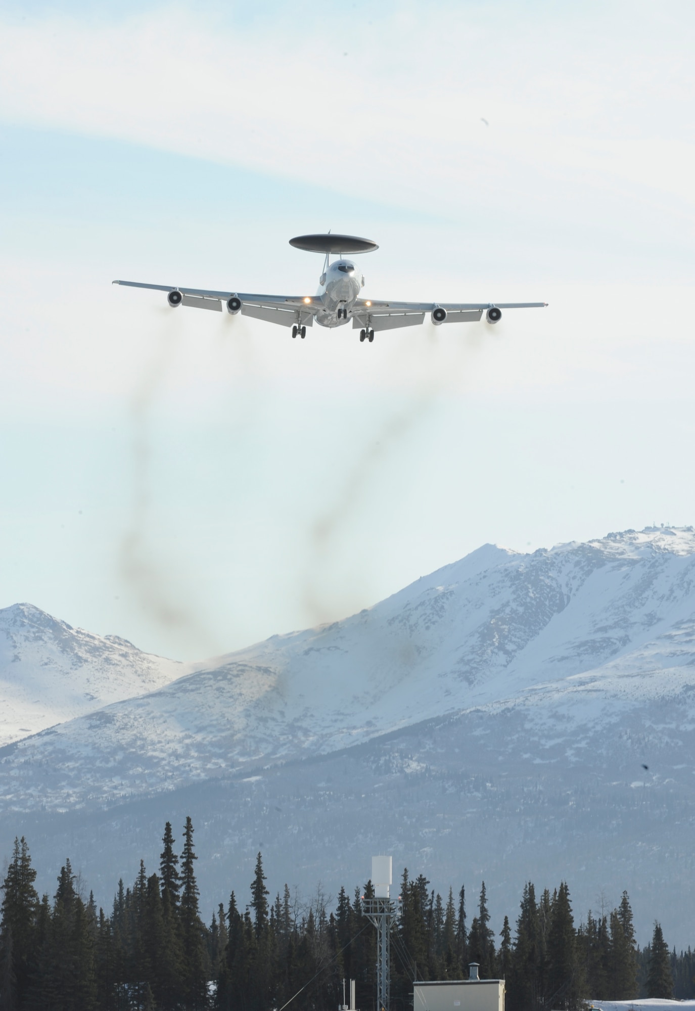 ELMENDORF AIR FORCE BASE, Alaska -- An E-3 from the 962nd Airborne Air Control Squadron prepares to touch down during a  mock exercise senario, April 6, 2009. Aircraft and Airmen base-wide are participating in Polar Force 04-09 In preparation for for the Operational Readiness Inspection in June.( U.S. Air Force photo by/ Senior Airman Matthew Owens)