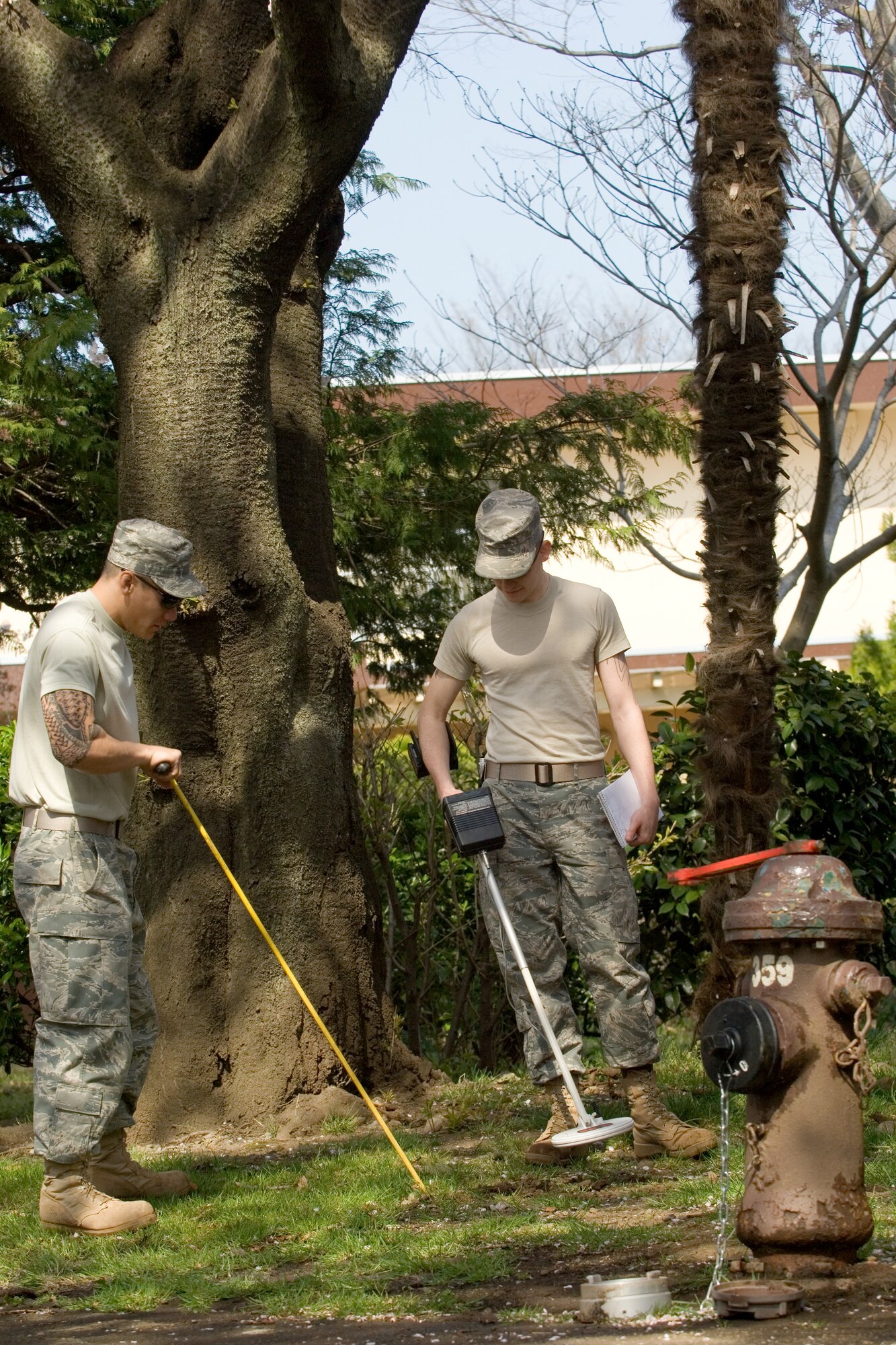 YOKOTA AIR BASE, Japan -- Staff Sgt. Noah Villanueva (left) and Airman 1st Class Jordan Ward (right), 374th Civil Engineer Squadron utilities system journeymen, are searching for a water valve under a cherry blossom tree here, April 7. (U.S. Air Force photo/Osakabe Yasuo)