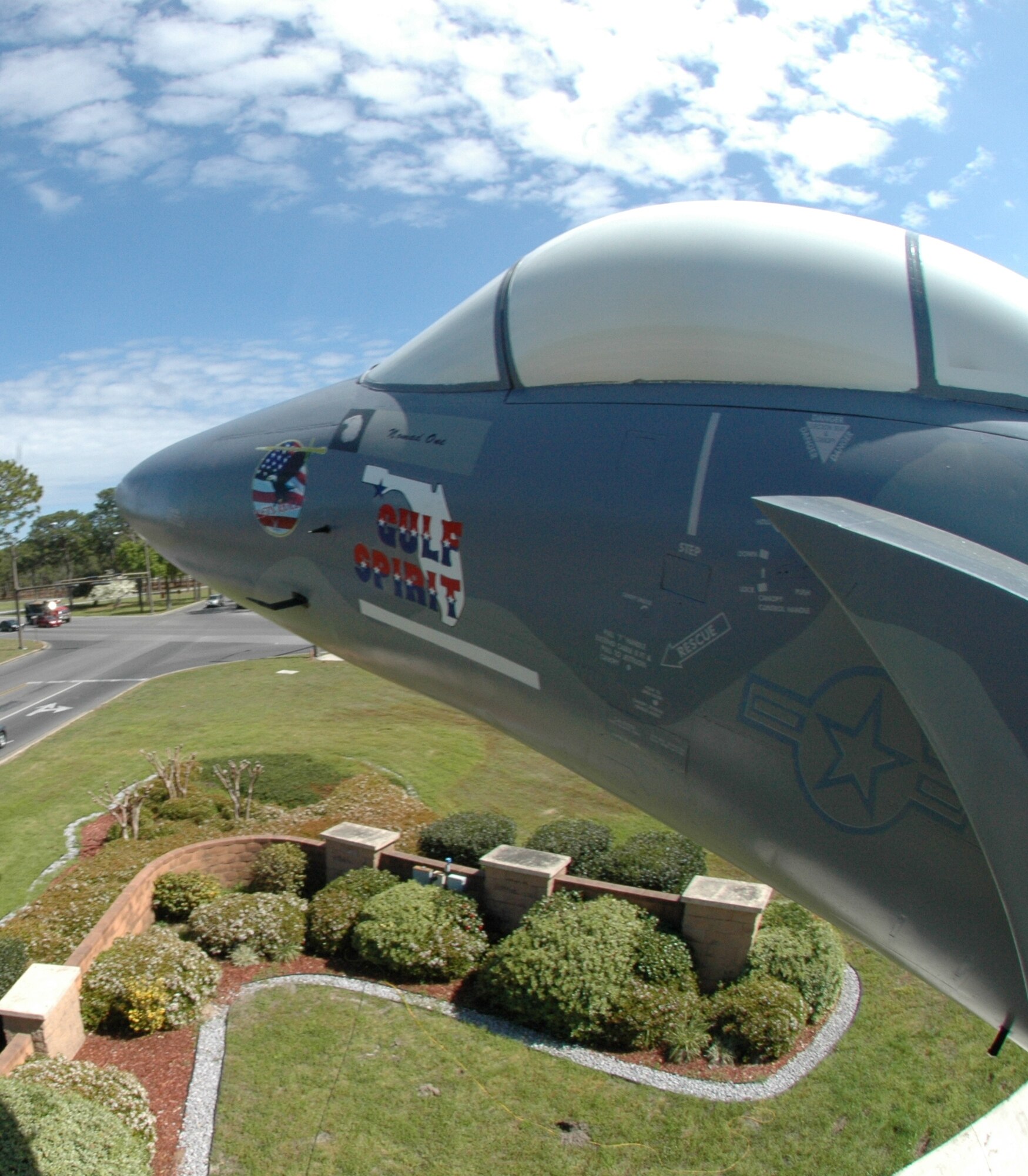 EGLIN AIR FORCE BASE, Fla. -- The F-15 Eagle shown here, displayed at the corner of Nomad Way and Eglin Blvd., was restored by the 33rd Maintenance Squadron corrosion section during the last two weeks of March. Ten Airmen spent more than 72 hours washing, painting and restenciling the lettering on this aircraft that serves as a gateway to the 33rd Fighter Wing, located on Nomad Way. (U.S. Air Force photo/Airman Anthony Jennings)