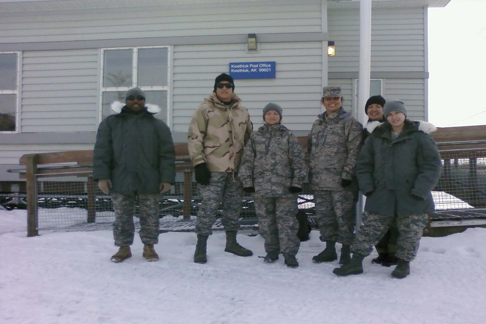 WRIGHT-PATTERSON AFB, Ohio – From left to right; Tech. Sgt. LeTroy Mays; Capt. Justin Salmond; Staff Sgt. Sara Nicholas; Tech. Sgt. Kristie Subieta; Navy Capt. Elaine Walker; and Senior Airman Samantha Reed were part of a team deployed to the Yukon-Kuskokwim Delta area in Alaska.  The 11 teams provided Native Alaskans living in the Yukon-Kuskokwim Delta area no-cost health care and health education services. (Courtesy photo)