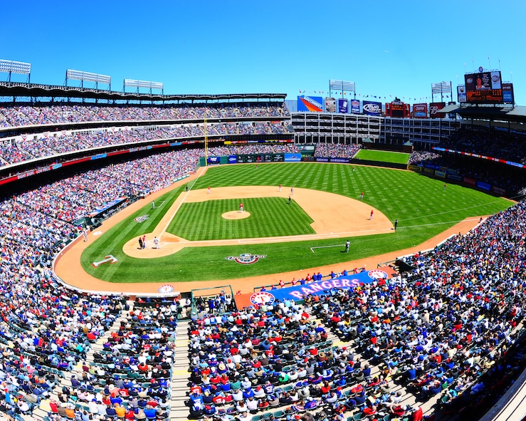 ARLINGTON, Texas - The Texas Rangers played their first game of the season against the Cleveland Indians April 6. Two Dyess B-1 bombers helped the Rangers open the season in style performing a flyover before the game. The Texas Rangers won 9-1. (U.S. Air Force photo by Staff Sgt Alan Garrison)