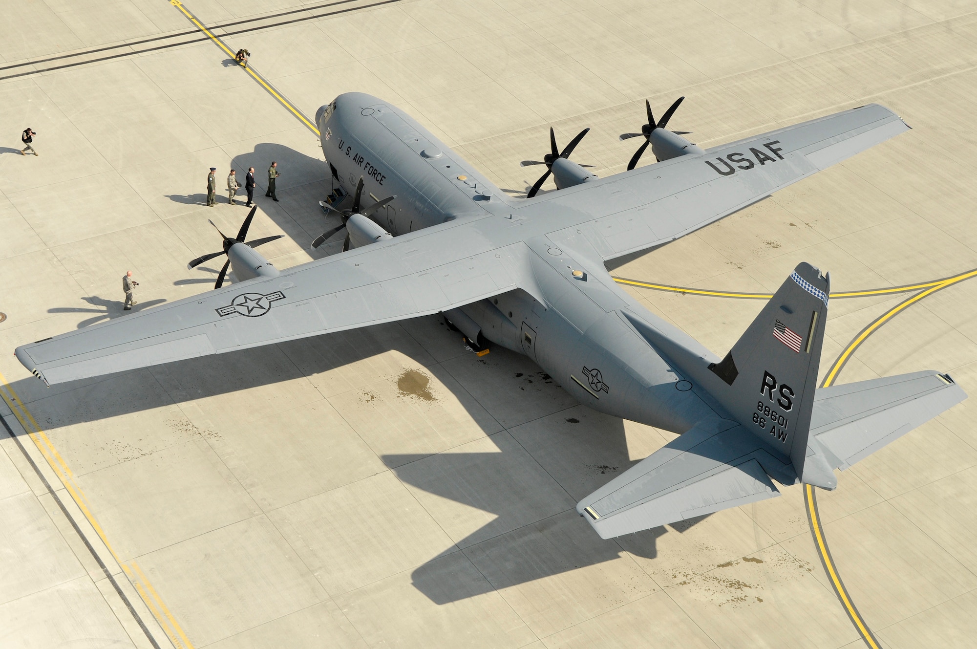 The C-130J landed on Ramstein for the first time during a ceremony today, April 7, 2009. A ceremony held to not only honor the arrival of the new aircraft, but also a new era in operations for the 86th Airlift Wing. The ceremony also included a ribbon cutting for a new 68,000 square feet dual-bay maintenance hangar, which can hold two C-130J aircraft or one C-17. 

(U.S. Air Force photo by Staff Sgt. Stephen J. Otero)