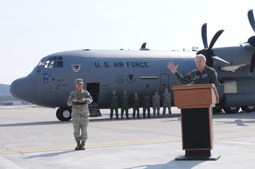 Gen. Roger Brady, U.S. Air Forces in Europe commander, gives a speech after piloting the first C-130J to Ramstein Air Base, Germany, April 7. The C-130J provides approximately 20 percent improvements over previous C-130 models in speed, fuel efficiency, cargo capacity and altitude capabilities.  (U.S. Air Force photo by Tech. Sgt. Sean White)