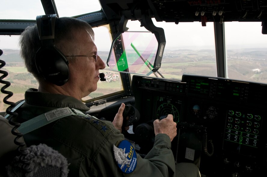 Gen. Roger Brady, U.S. Air Forces in Europe commander, pilots the first C-130J to Ramstein Air Base, Germany, April 7. The C-130J provides approximately 20 percent improvements over previous C-130 models in speed, fuel efficiency, cargo capacity and altitude capabilities.  (U.S. Air Force photo by Senior Airman Nathan Lipscomb)
