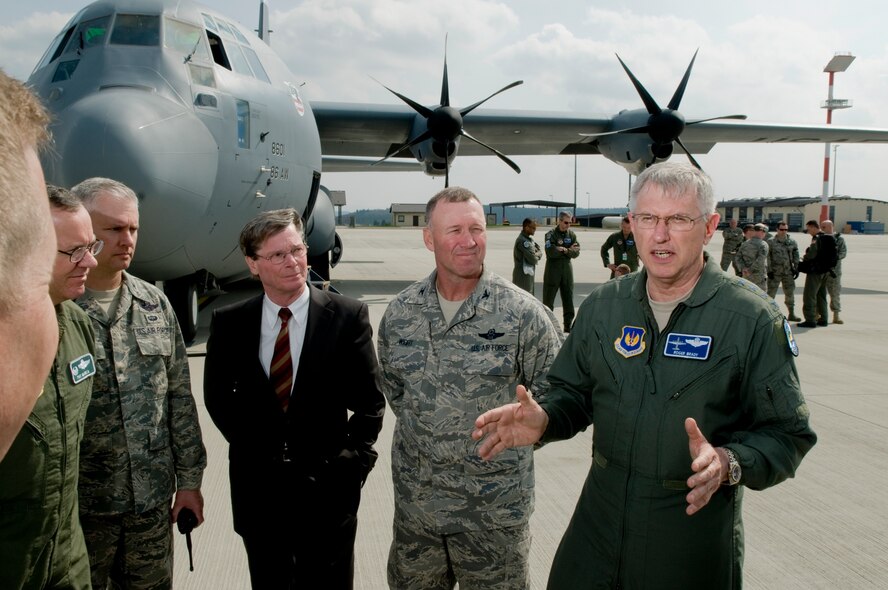 Gen. Roger Brady, U.S. Air Forces in Europe commander, talks with members of Spangdalem Air Base, Germany, prior to piloting the first C-130J to Ramstein Air Base, Germany, April 7. The C-130J provides approximately 20 percent improvements over previous C-130 models in speed, fuel efficiency, cargo capacity and altitude capabilities.  (U.S. Air Force photo by Senior Airman Nathan Lipscomb)
