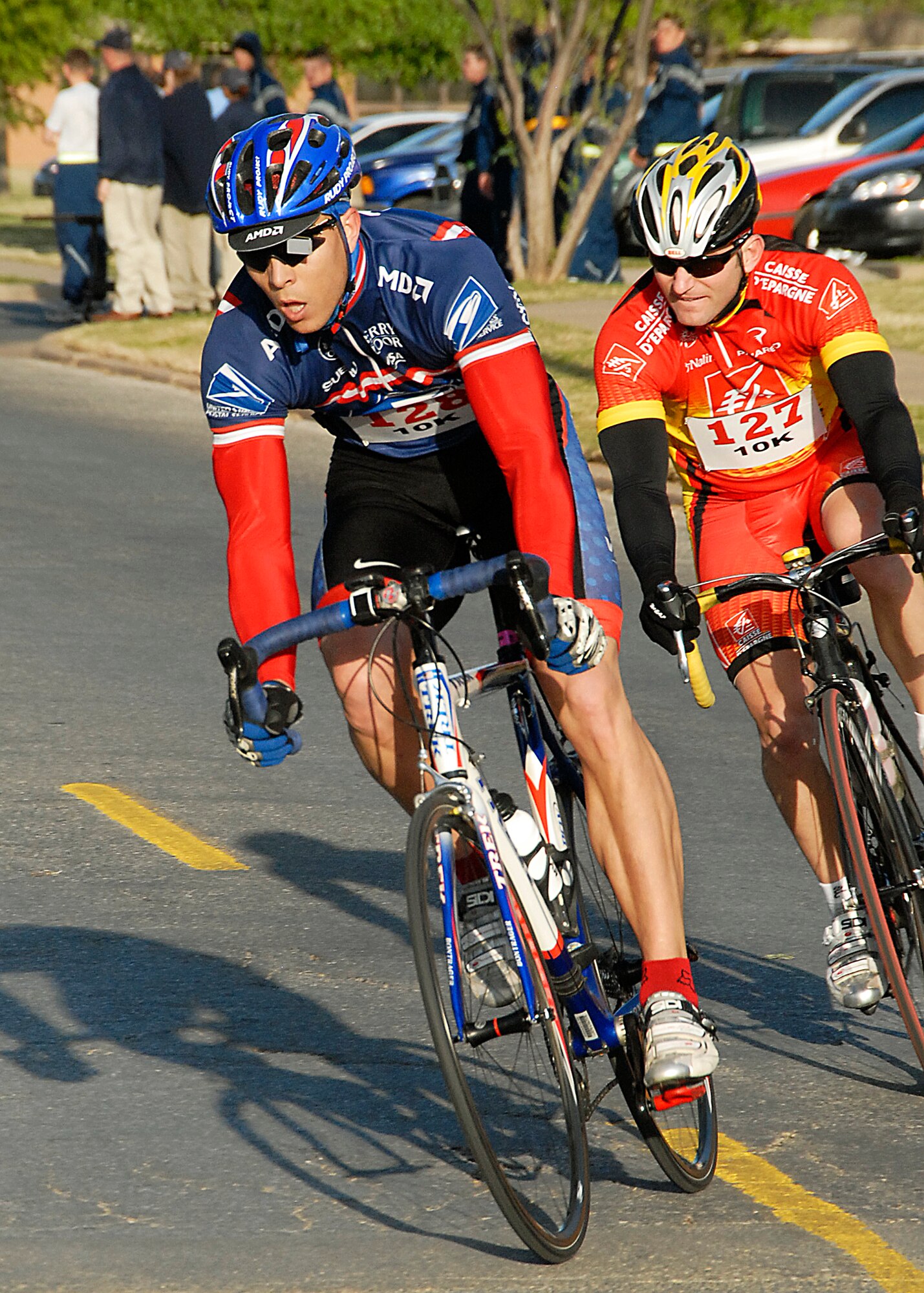 Brent Ragsdale and Brian Wood compete in the 20 Kilometer Sprint Bike Race at the Levitow Fitness Center April 4. Wood won the 20 Kilometer Sprint Bike Race men’s Championship Award and Ragsdale won the 20 Kilometer Sprint Bike Race Men’s Runner-Up Award. (U.S. Air Force photo/Harry Tonemah)