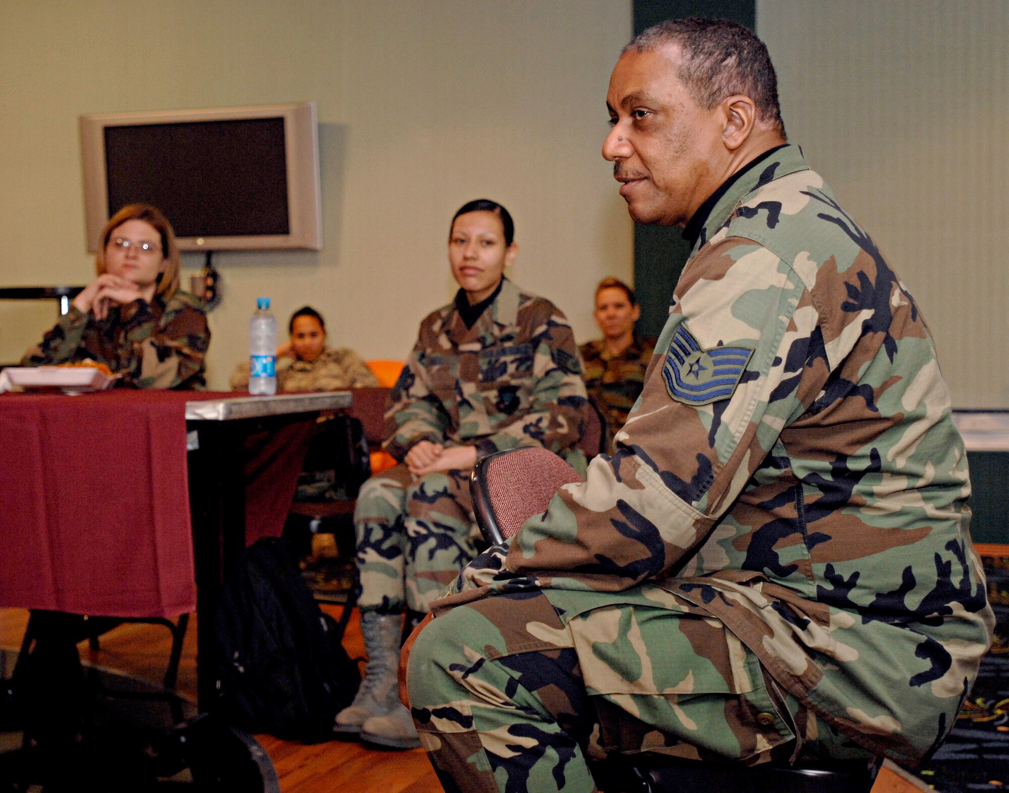 Tech. Sgt. Maurice Wood, 452nd Air Mobility Wing from March Air Reserve Base, Calif., speaks to Incirlik’s “5/6 Club” about his time served in Vietnam, March 27. He spoke about his two years in Vietnam as well as his role in support of Operation Iraqi Freedrom, telling fellow Airman to, “to remember to be the best you can be, you’re being trained by the best and just respect everybody.” Sergeant Wood is temporarily assigned to the 728th Air Mobility Squadron as a C-17 Globemaster III crew chief and will be celebrating his 25th year as an Airman.  (U.S. Air Force Photo/ Senior Airman Benjamin Wilson)