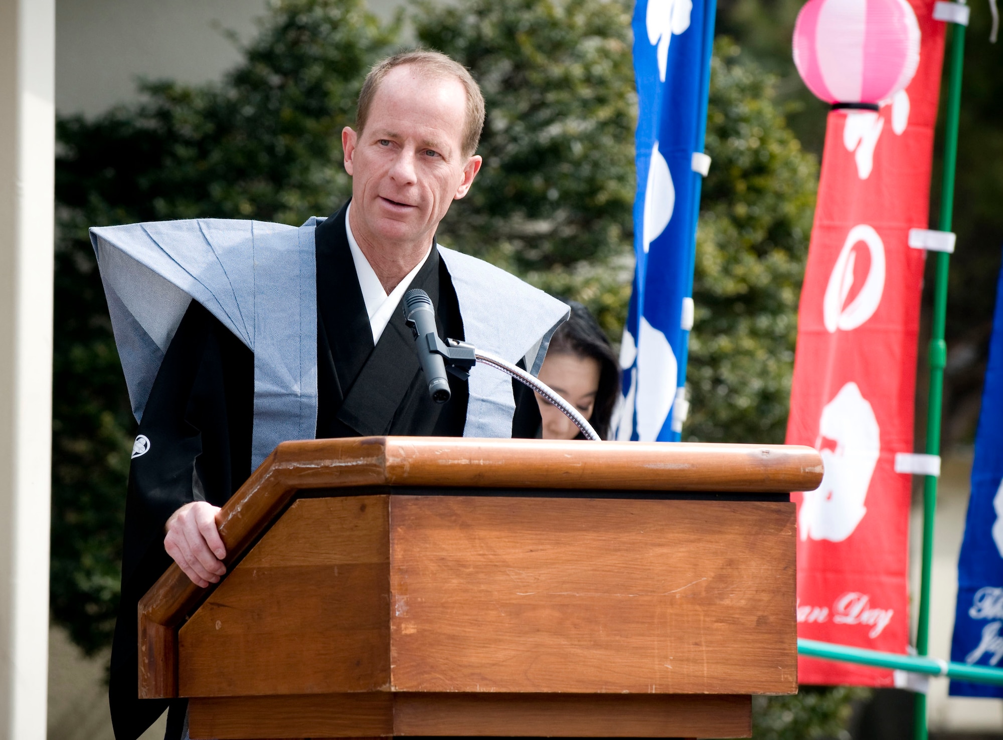 MISAWA AIR BASE, Japan -- Col. David Stilwell, 35th Fighter Wing commander, delivers opening comments at Japan Day April 4, 2009. To get in the spirit of the festivities, Colonel Stilwell wore a traditional Japanese hakama for the day. (U.S. Air Force photo by Staff Sgt. Samuel Morse)