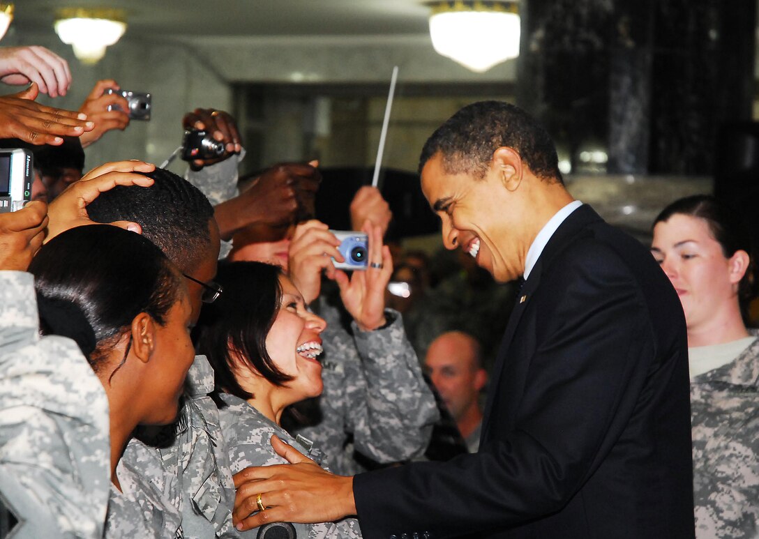 U.S. President Barack Obama visits Al Faw Palace on Camp Victory, Iraq, April 7, 2009. This was Obama's first visit to Iraq as commander in chief and he took time to talk to troops and civilians.