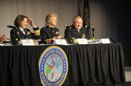 (left) VADM Nancy Elizabeth Brown, Director for C4 Systems; VADM Ann E. Rondeau, Deputy Commander, U.S. Transportation Command; VADM Carl V. Mauney, Deputy Commander, U.S. Strategic Command; who spoke on a panel at the 2009 Cyberspace Symposium.