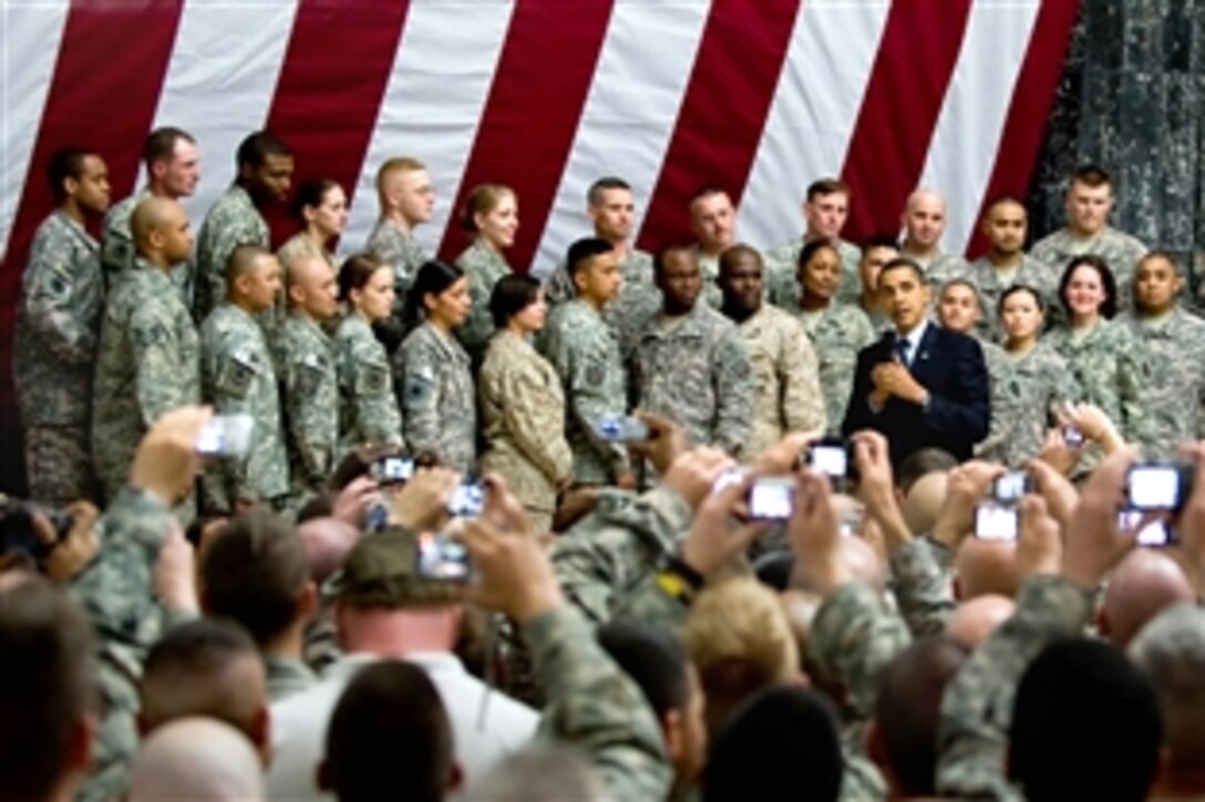 U.S. President Barack Obama visits Al Faw Palace on Camp Victory, Iraq, April 7, 2009. This was Obama's first trip to Iraq as commander in chief and he took time to talk to troops and civilians.

