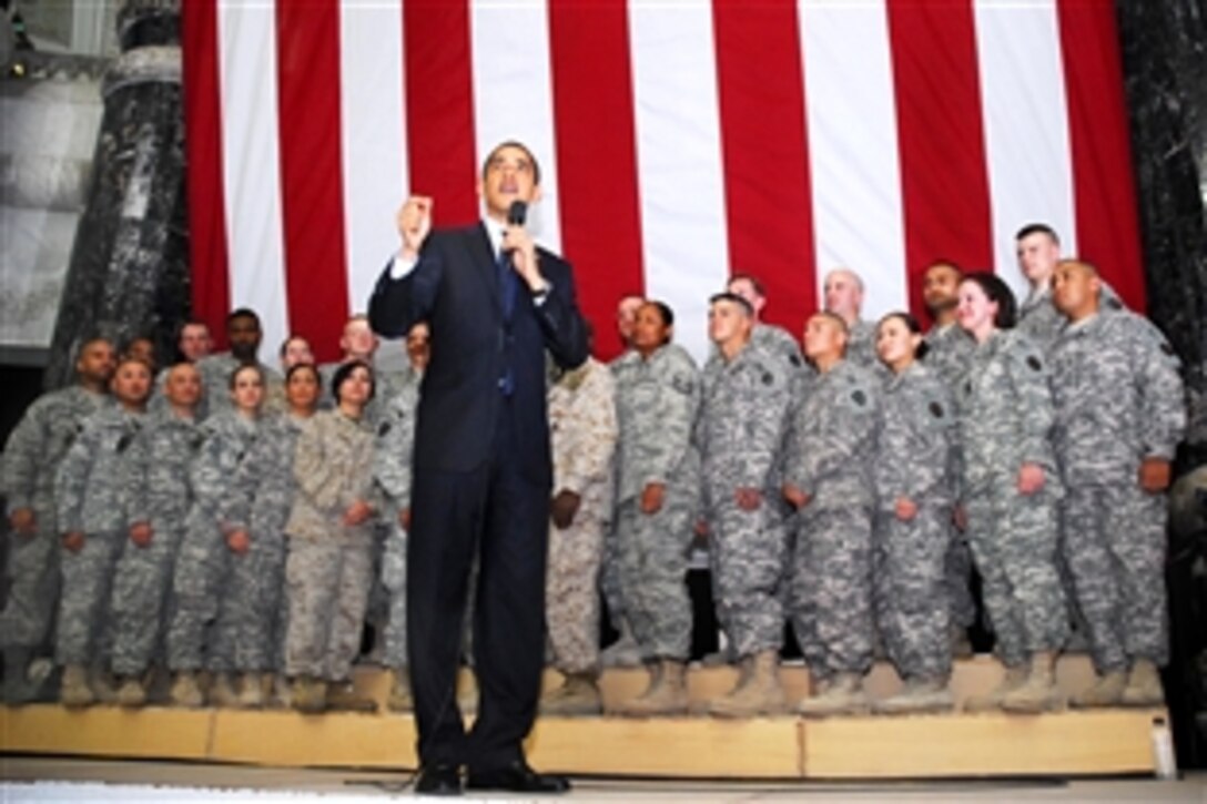 U.S. President Barack Obama visits Al Faw Palace on Camp Victory, Iraq, April 7, 2009. This was Obama's first trip to Iraq as commander in chief and he took time to talk to troops and civilians. 