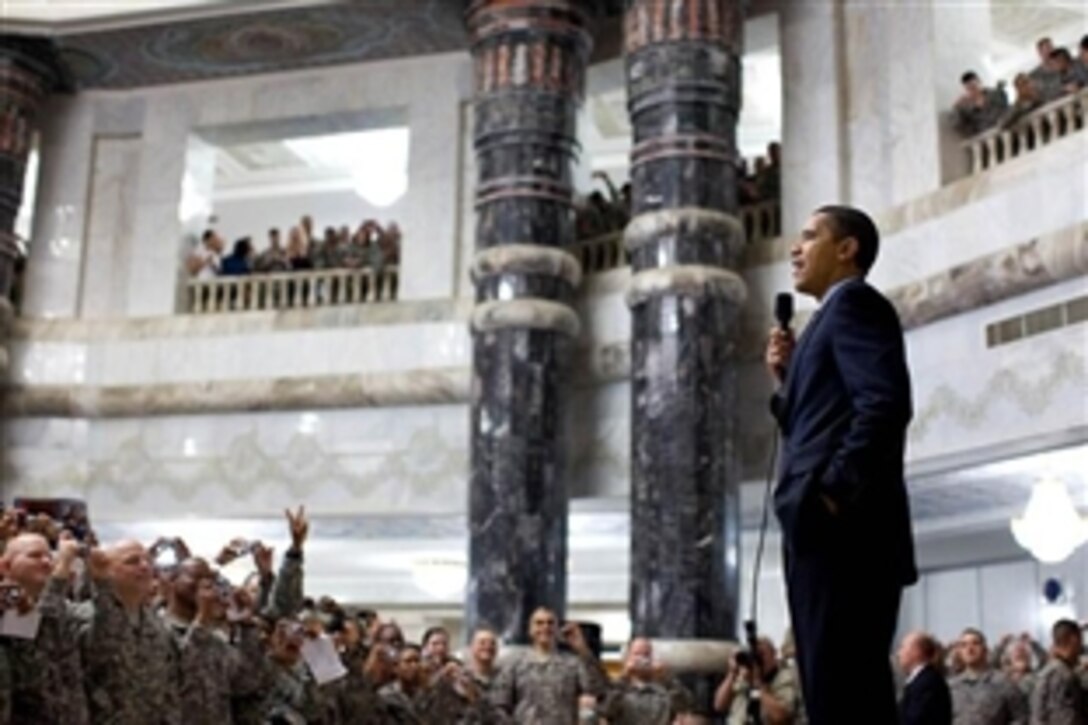 President Barack Obama speaks to hundreds of U.S. troops during his April 7, 2009, visit at Camp Victory, Iraq. "... As long as I'm in the White House, you're going to get the support you need and the thanks that you deserve from a grateful nation," Obama told the troops. 