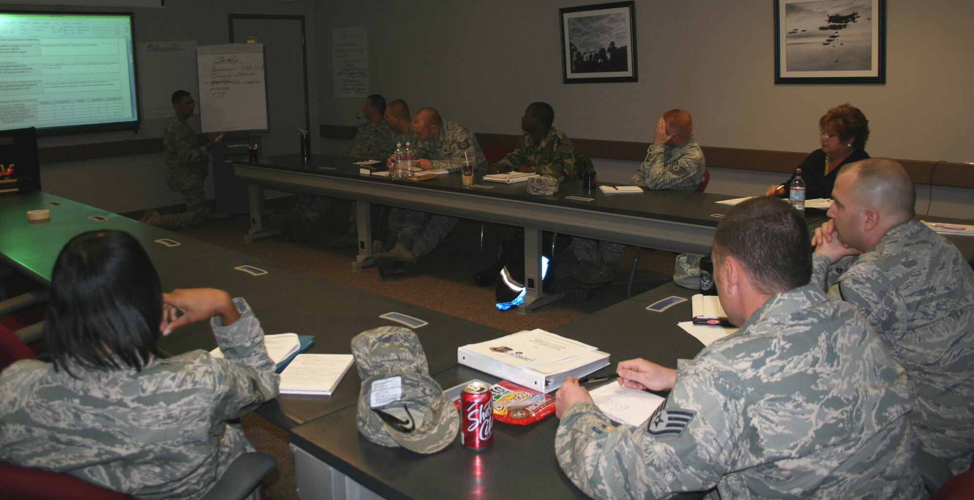 Members of the 9th Munitions Squadron establish goals as a step in the process during their Rapid Improvement event. The event was held March 30 through April 3 as part of the Air Force Smart Operations of the 21st Century to help maximize value and minimize waste. (Courtesy photo)