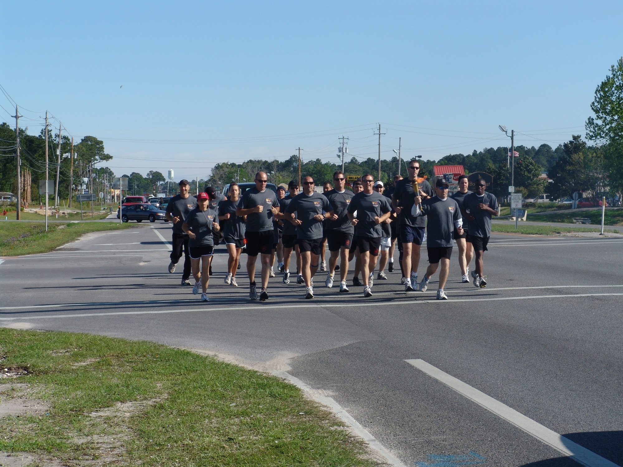 More than 40 members from the 325th Security Forces Squadron, Panama City Police and Bay County Sheriff’s Department participated in the 2009 Law Enforcement Torch Run in Panama City April 6.  The Torch Run helps raise awareness for the Special Olympics.  (Courtesy photo)