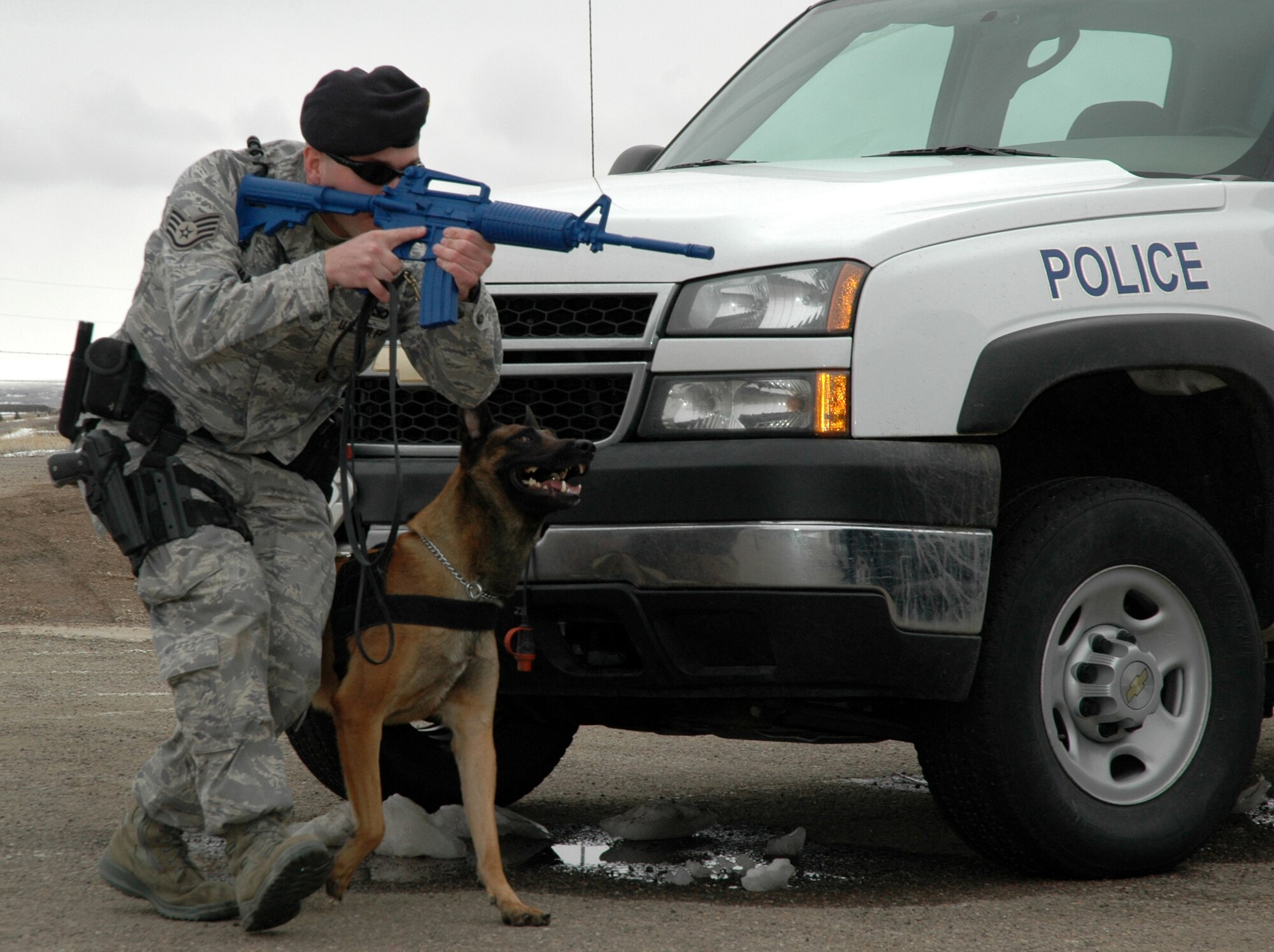 Staff Sgt. Greg Maatta, 341st Security Forces Squadron, military working dog handler, and Blitz, a Belgian Malinois bomb dog, perform tactical obedience exercises April 2, outside the 341st SFS MWD kennel. (U.S. Air Force photo/Senior Airman Dillon White)   