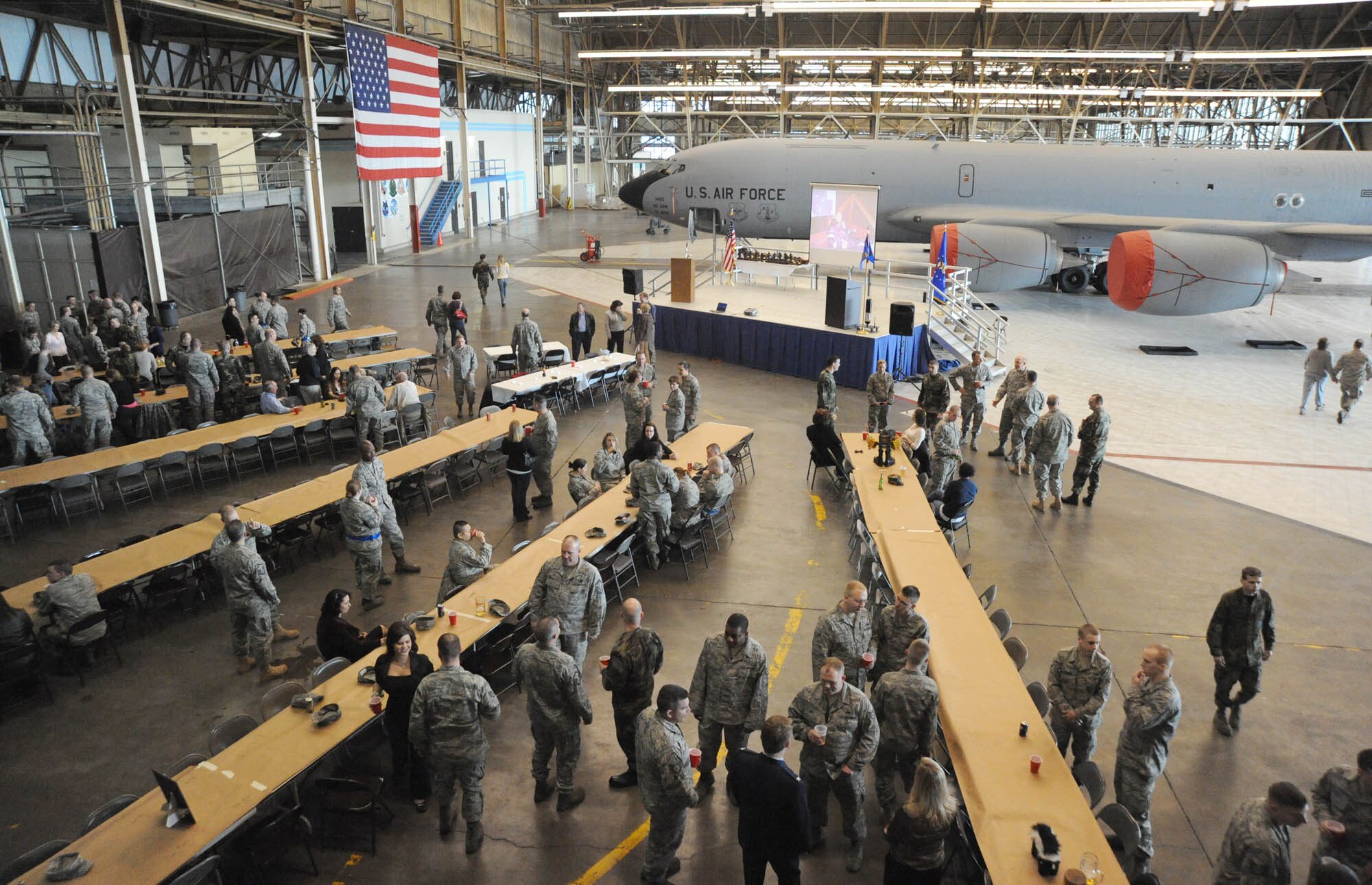Members of the 92nd Maintenance Squadron socialize at the 92nd Maintenance Squadron banquet on April. 2. (U.S. Air Force photo/Staff Sgt. James May III)
