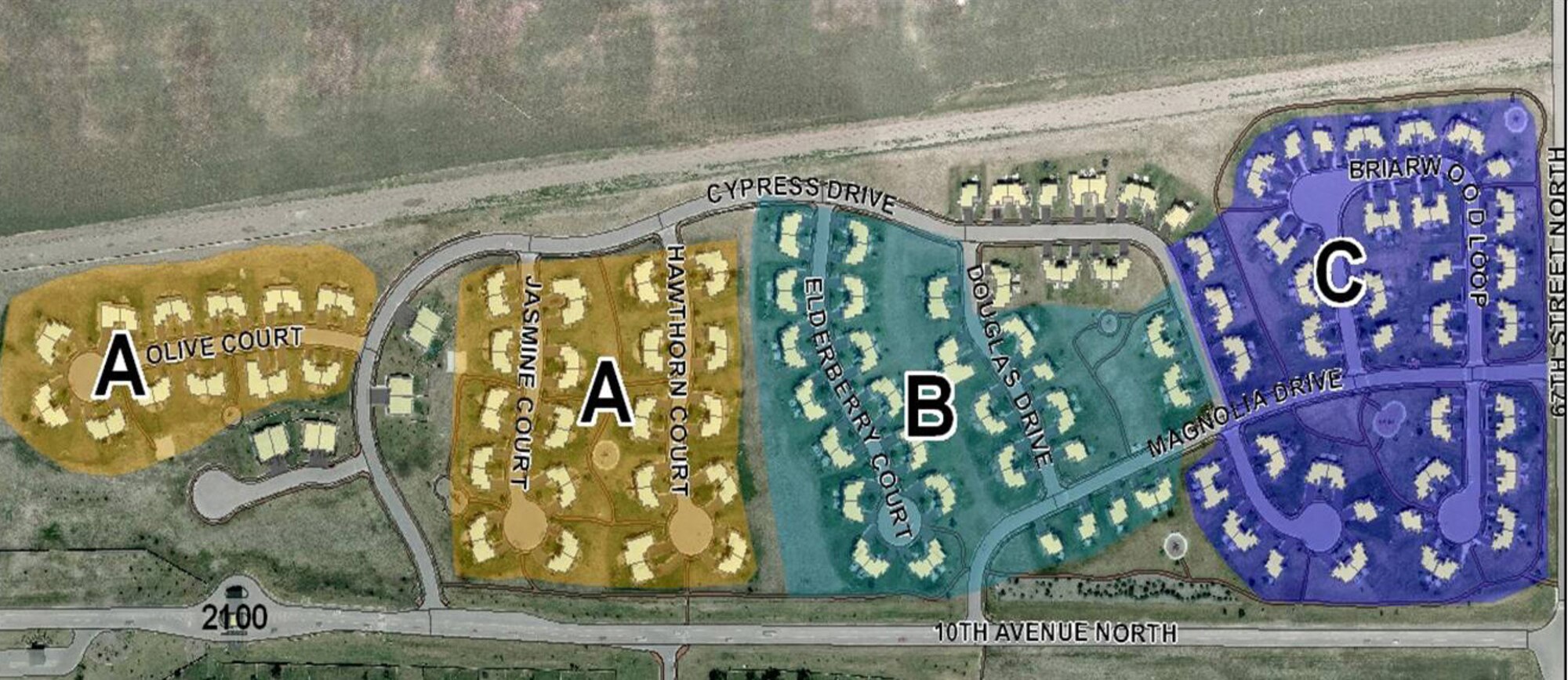 The map indicates the three phases the repair work is slated to be done in and the areas of Minuteman Village affected by each phase.
