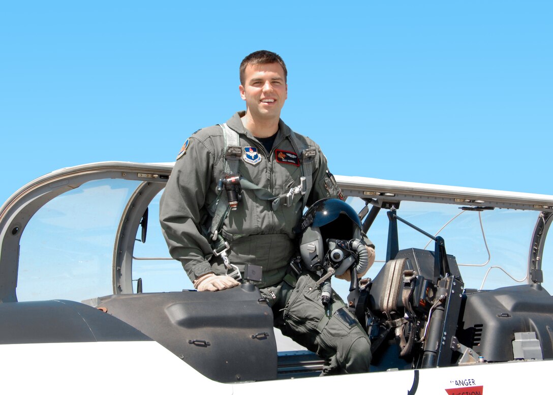 Capt. Max Harrell, a T-6A Texan II instructor pilot with the 33rd Flying Training Squadron, after accumulating his 2000th hour in the aircraft Wednesday, April 8. (U.S. Air Force photo by Terry Wasson)