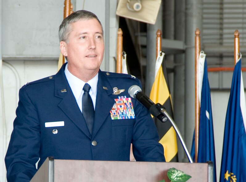 Colonel Jon Weeks, 919th Special Operations Wing commander, speaks to Duke Field reservists during the wing's change of command ceremony April 4 in the fuel cell hanger here. Colonel Weeks outlined his top three priorities as the wing's new commander. He succeeded Col. Steve Chapman, who now moves on to Charleston Air Force Base, S.C., where he will take command of the 315th Airlift Wing, a strategic airlift wing operating the C-17 Globemaster III. (U.S. Air Force photo/Michael Fleck)