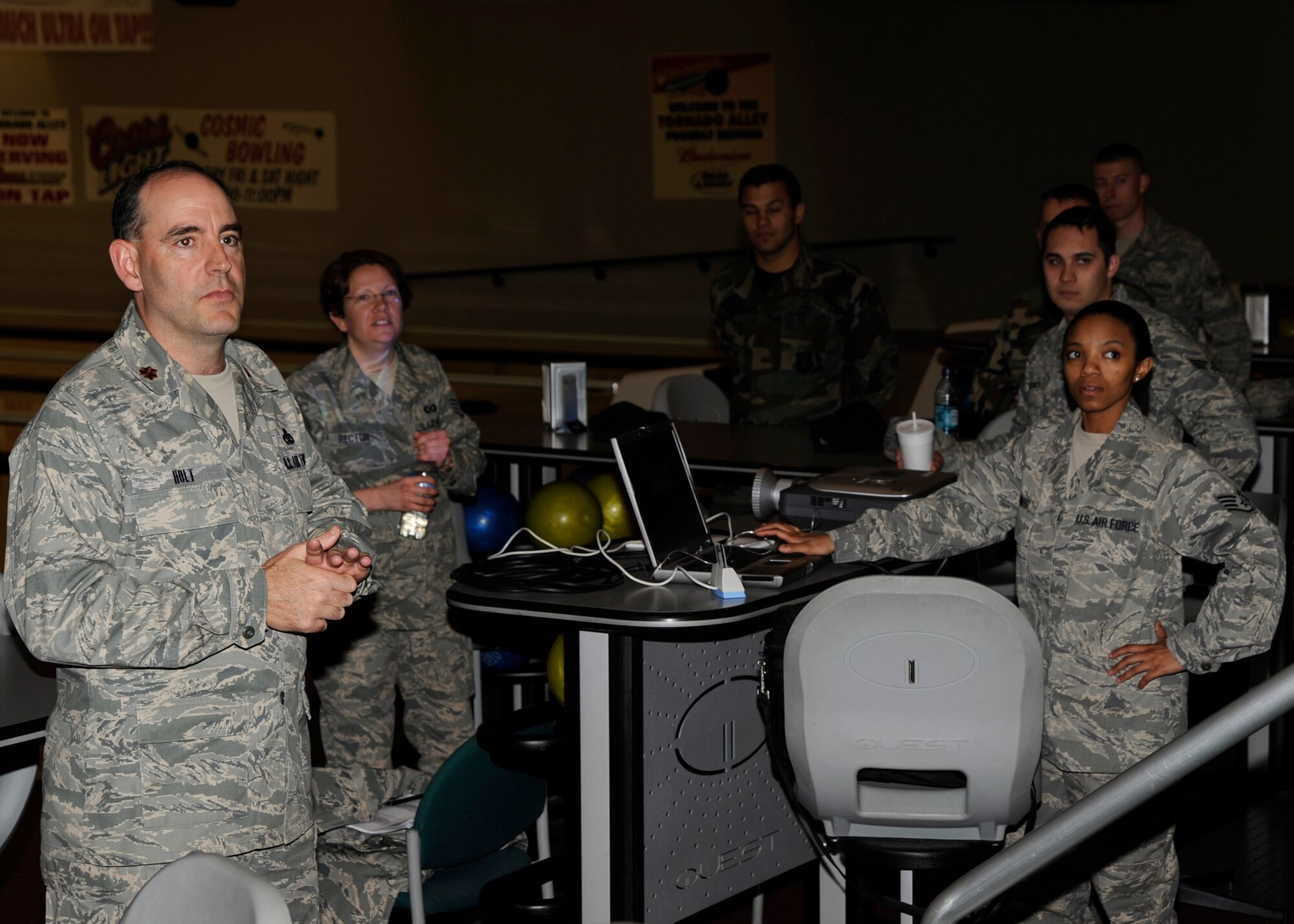 MCCONNELL AIR FORCE BASE, Kan. – Maj. William Holt, 22nd Aircraft Maintenance Squadron commander, briefs 22nd AMXS members from Senior Airmen to Master Sergeants on Operational Risk Management, during a supervisor safety training session at the Tornado Bowling Alley, April 3. Before Major Holt’s closing comments the Airmen were also briefed by the Wing Safety office on basic knowledge a supervisor would need to understand in order to prepare their Airmen. (Photo by Airman Justin Shelton) 