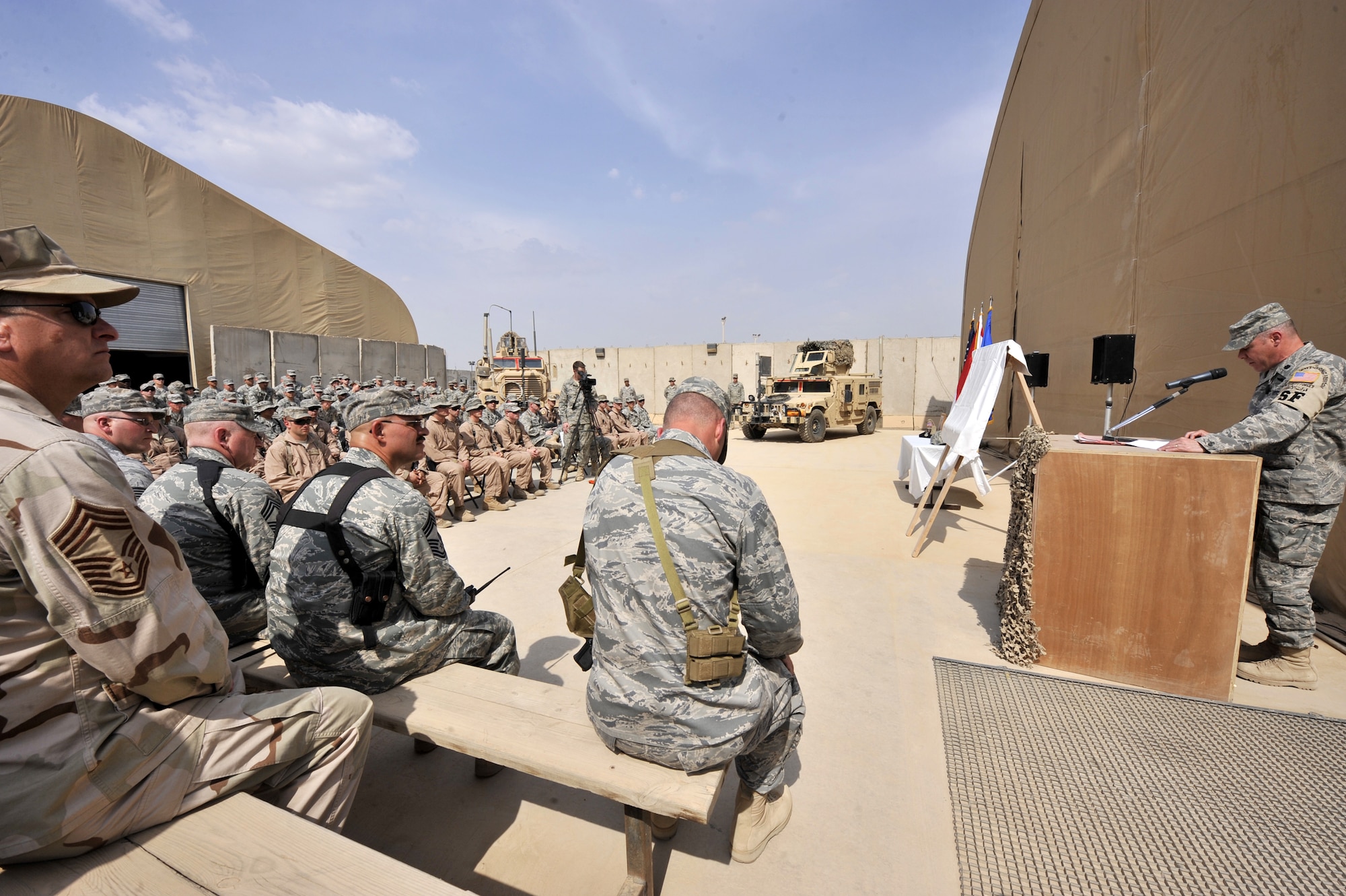 SATHER AIR BASE, Iraq – Lt. Col. Steven Painter, 447th Expeditionary Security Forces commander, addresses more than 75 447th ESFS members and fellow Airmen April 3 during a dedication ceremony here honoring Staff Sergeant Travis Griffin, a fallen security forces member who lost his life April 3, 2008, while on patrol in Baghdad, Iraq. During the ceremony, Sather Airmen renamed the base fitness center after Sergeant Griffin. What was once the Tigris Fitness Center is now the Travis L. Griffin Fitness Center. (U.S. Air Force photo by Staff Sgt. Amanda Currier)
