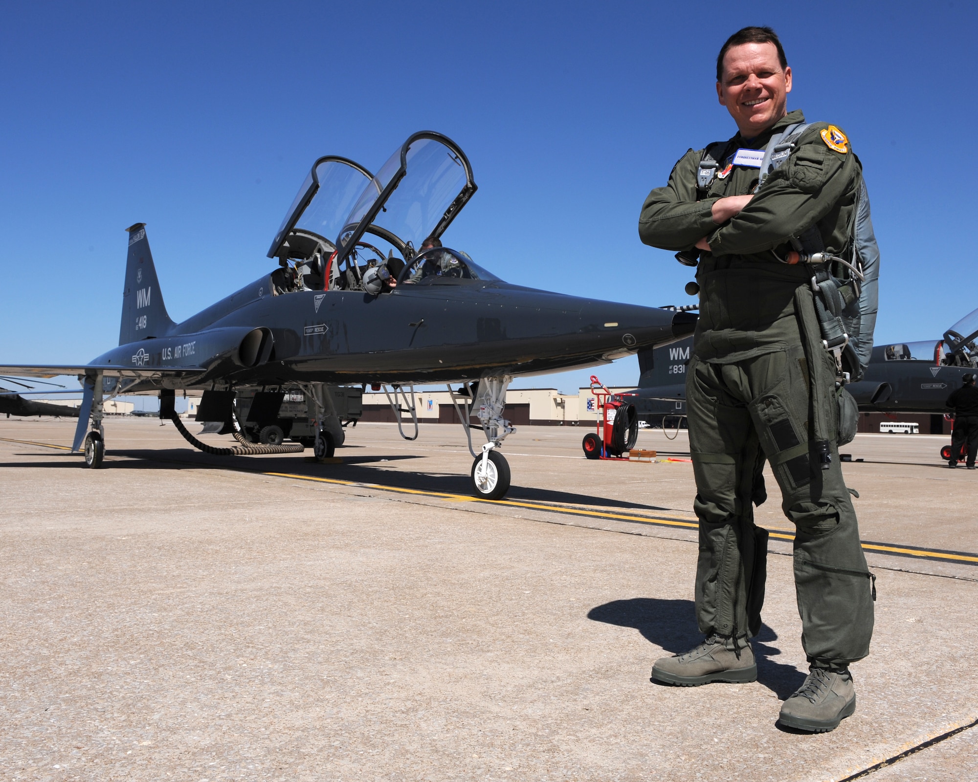 WHITEMAN AIR FORCE BASE, Mo. – Congressman Sam Graves, Missouri’s Sixth District, stands in front of a T-38 trainer after his incentive flight April 7. Congressman Graves was here touring Whiteman facilities. (U.S. Air Force photo/Airman 1st Class Carlin Leslie) 