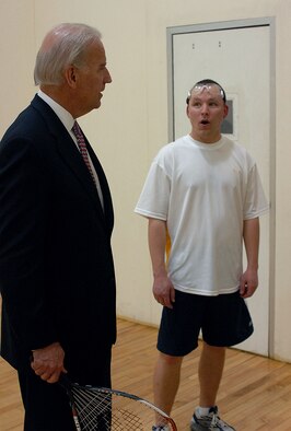 Staff Sgt. William Rudoff, 4th Communications Squadron, gapes in surprise at Vice President Joe Biden inside a racquetball court in the fitness center on Seymour Johnson Air Force Base, N.C., April 1, 2009. The Vice President spent approximately 15 unscheduled minutes laughing and joking inside the racquetball court away from his aides, Secret Service agents and base VIPs. (U.S. Air Force photo by Staff Sgt. Shawn J. Jones)