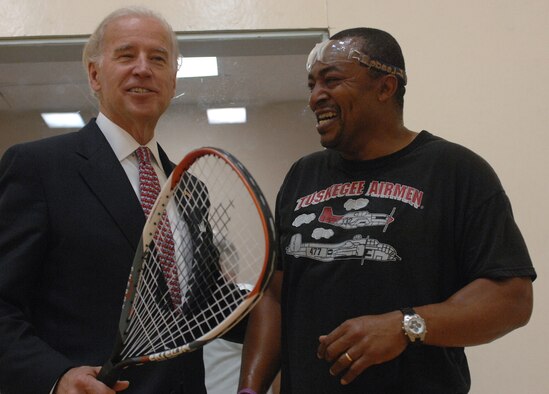 Johnnie Webster, 4th Communications Squadron, shares a laugh with Vice President Joe Biden in the fitness center on Seymour Johnson Air Force Base, N.C., April 1, 2009. The Vice President spent approximately 15 unscheduled minutes inside the racquetball court laughing, joking and telling sports stories. (U.S. Air Force photo by Staff Sgt. Shawn J. Jones)