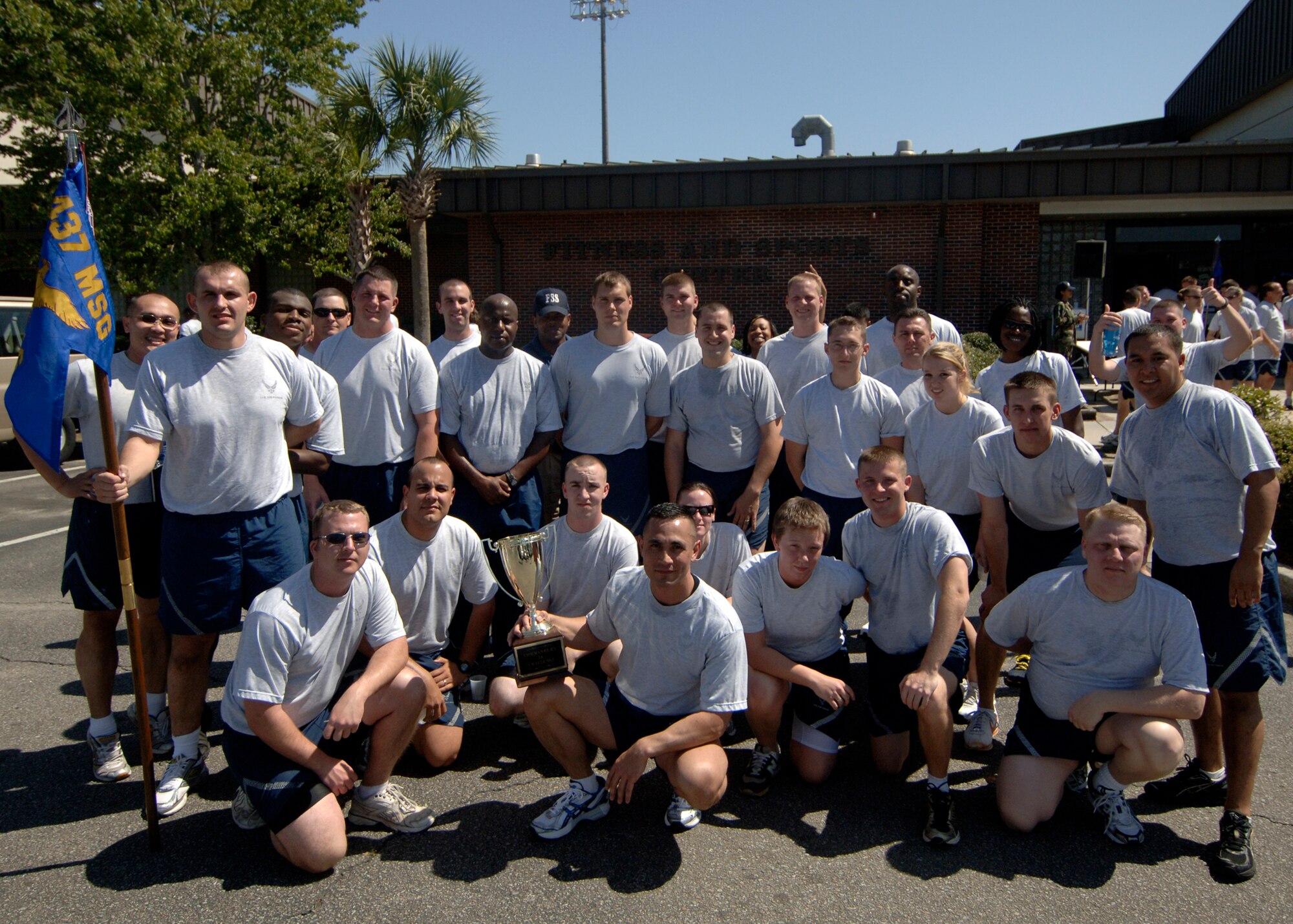 The 437th Communications Squadron was the first to finish the 5k Commander's Fitness Challenge on Charleston AFB April 3. The communication squadron received the spirit trophy for exhibiting the most spirit during the 5K fitness run. (U.S. Air Force photo/Senior Airman Timothy Taylor)
