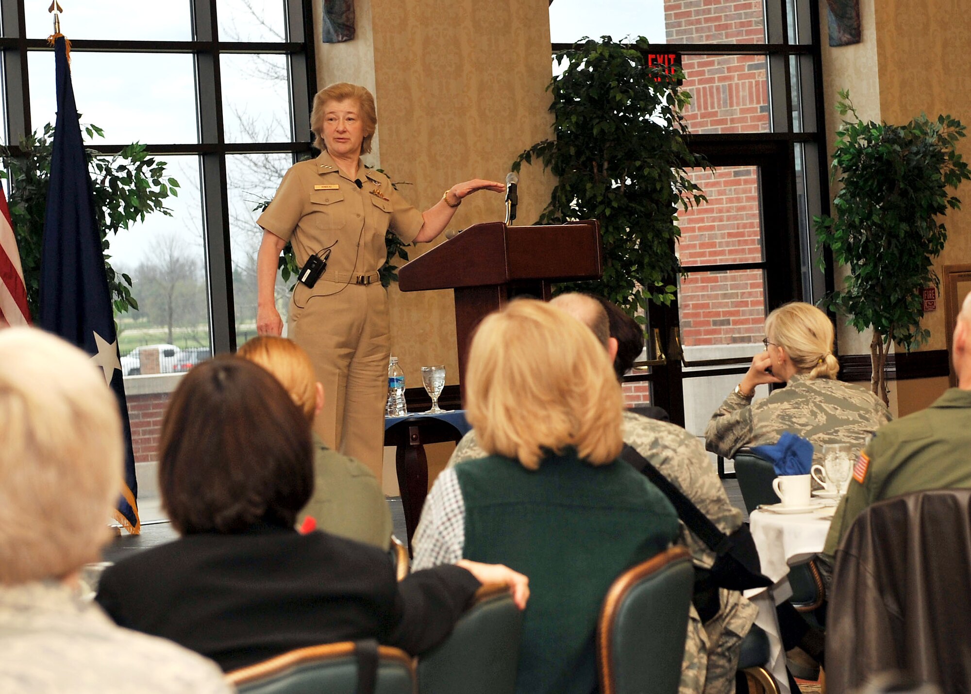 SCOTT AIR FORCE BASE, Ill. --Vice Adm. Ann Rondeau, U.S. Transportation Command deputy commander, addresses approximately 100 Team Scott members during a sexual assault awareness breakfast April 2 at the Scott Club. (U.S. Air Force photo/Senior Airman Megan Gilliland )